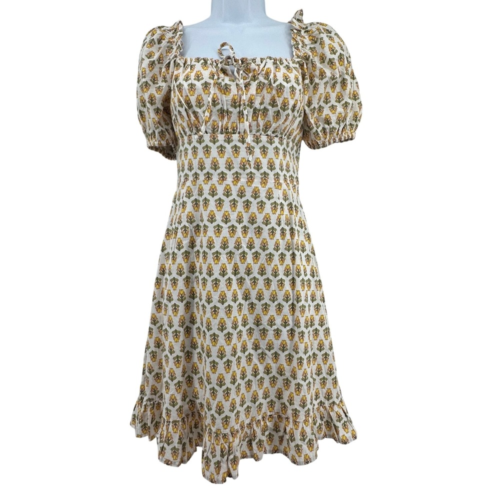 Dizzy Lizzy Floral Puff Sleeve Milkmaid Dress Butter Yellow Cottage Tiered M
